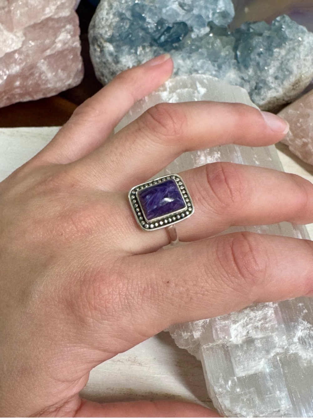 Charoite Sterling Silver Square style Statement Statement Ring - Size 7